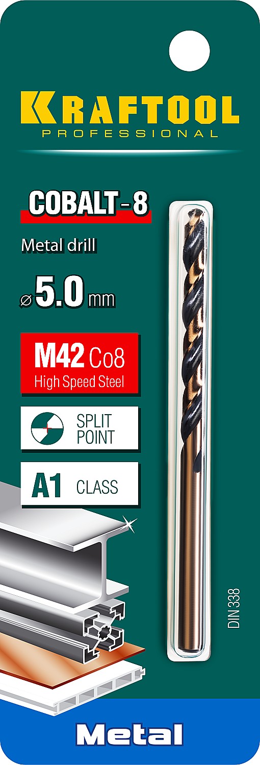 Сверло по металлу HSS-Co(8%) , KRAFTOOL COBALT 5.0 х86мм, сталь М42(S2-10-1-8)