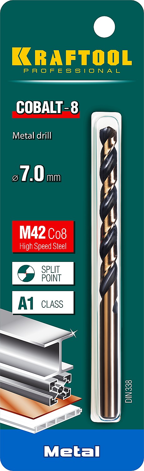 Сверло по металлу HSS-Co(8%) , сталь М42(S2-10-1-8), 7.0 х109мм, KRAFTOOL COBALT